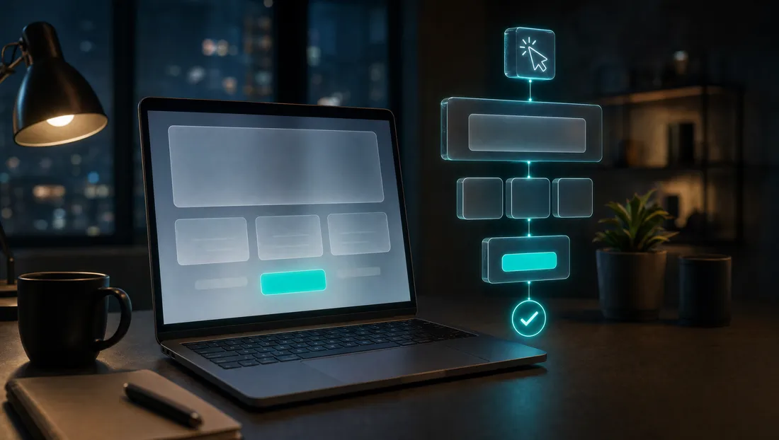 Notebook exibindo uma landing page com o funil de conversão holográfico do clique à compra