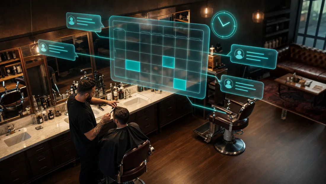 Barbearia com agenda holográfica preenchendo horários automaticamente