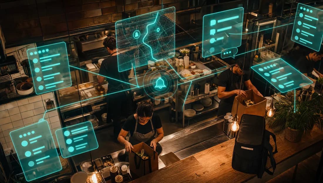 Cozinha de delivery com pedidos holográficos chegando em tempo real